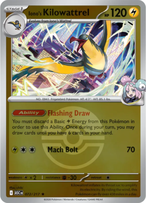 Pokémon TCG Iono's Kilowattrel – ASC 072 Rare Poké Ball Pattern – EN