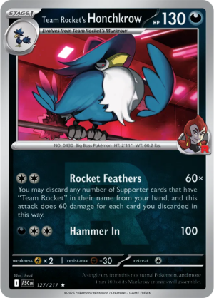 Pokémon TCG Team Rocket's Honchkrow – ASC 127 Rare Team Rocket R Pattern – EN