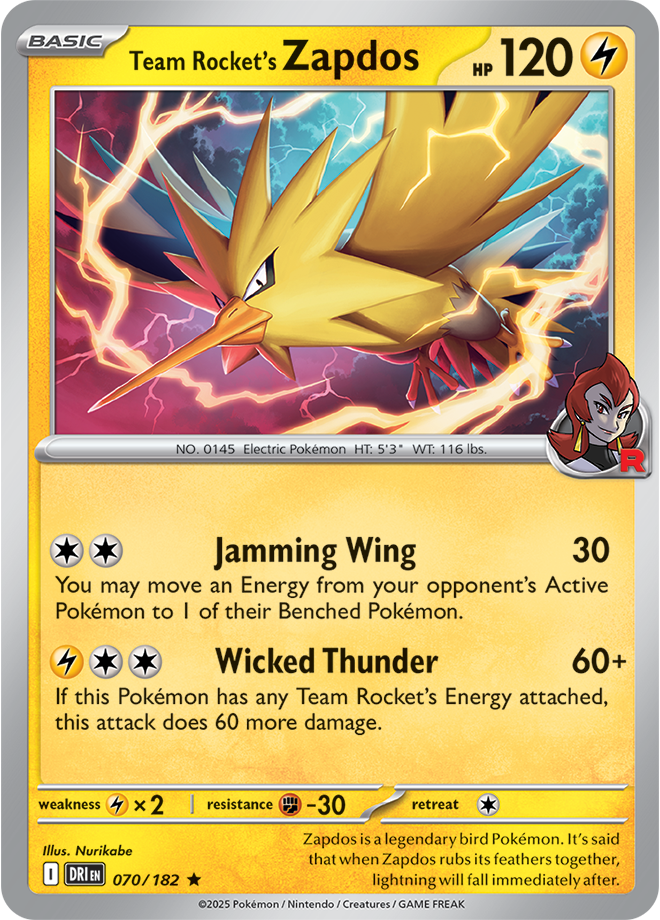Pokémon TCG Team Rocket's Zapdos – DRI 070/182 Rare Holo – EN